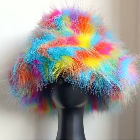 Cover Photo Rainbow Animal Print Faux Fur Costume Y2K Rave Fuzzy Bucket Hat - Picture 2 of 4